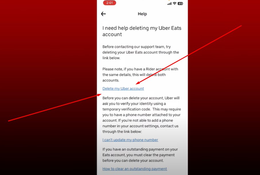 deleting Uber Eats account