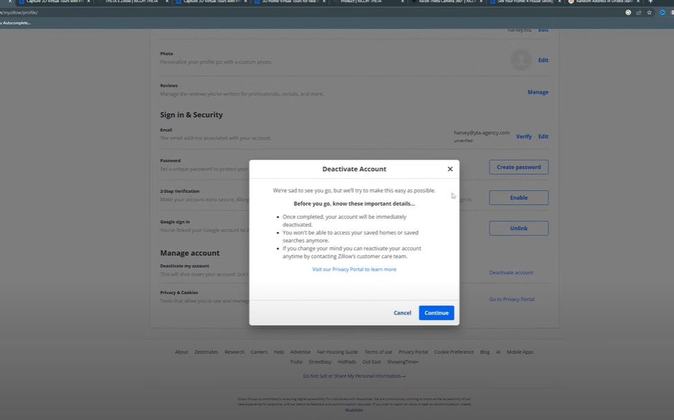 deleting Zillow account
